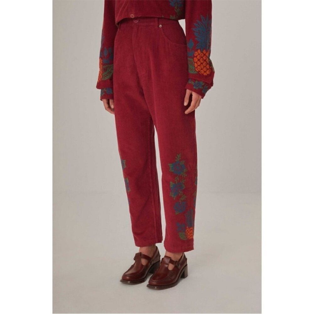 Farm Rio Womens Corduroy Pants Sz XL Berry Pink Baggy Floral Embroidery